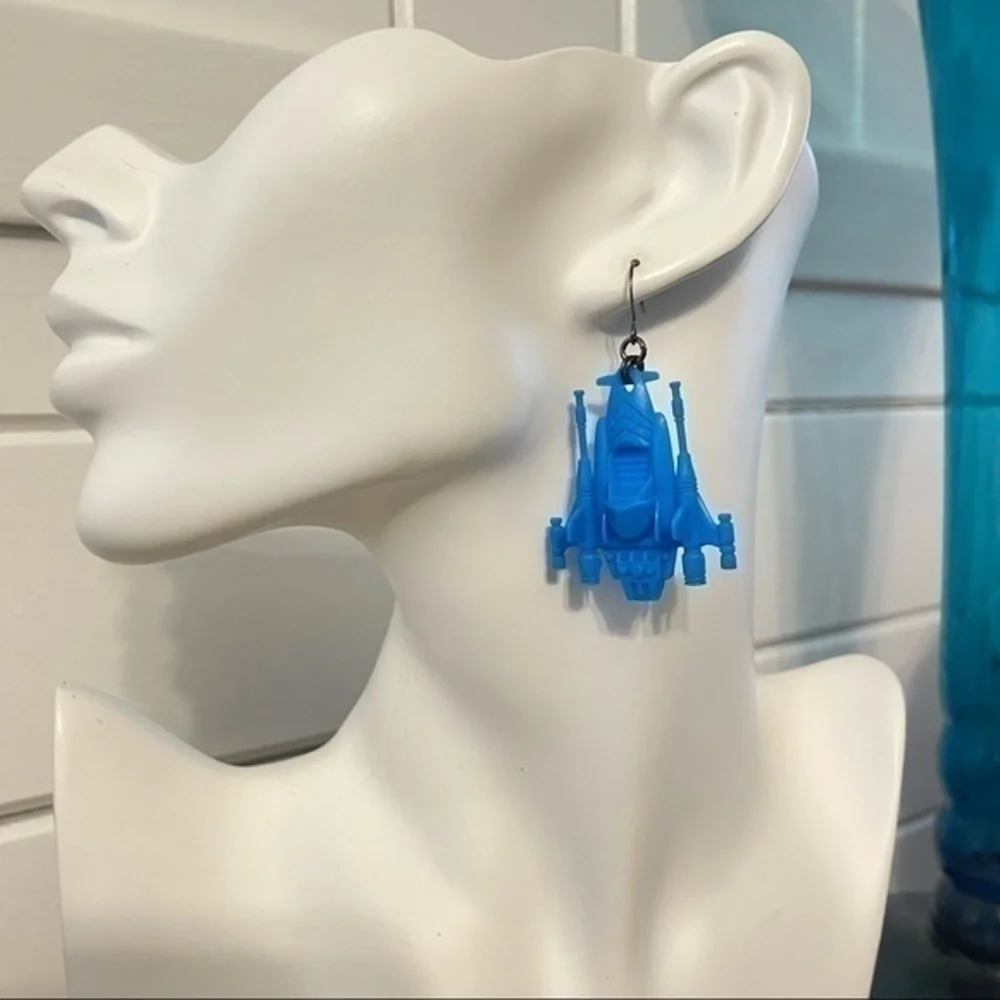 $10 SALE Handmade Blue Fighter Jet Plane Earrings 2.25” Y2K 90s Nostalgia Fun